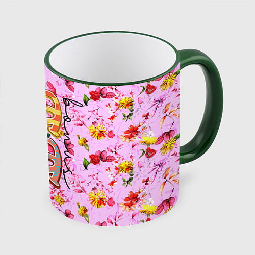 Кружка цветная Слово МАМА в цветочках / 3D-Зеленый кант – фото 1