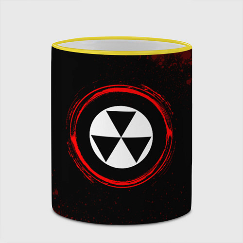 Кружка цветная Символ Fallout и краска вокруг на темном фоне / 3D-Желтый кант – фото 2