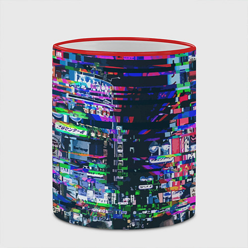 Кружка цветная Ночной город - glitch / 3D-Красный кант – фото 2