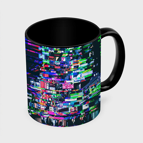 Кружка цветная Ночной город - glitch / 3D-Белый + черный – фото 1