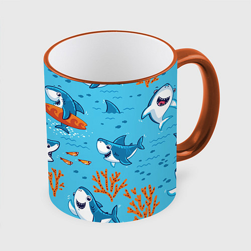 Кружка цветная Прикольные акулята - паттерн / 3D-Оранжевый кант – фото 1