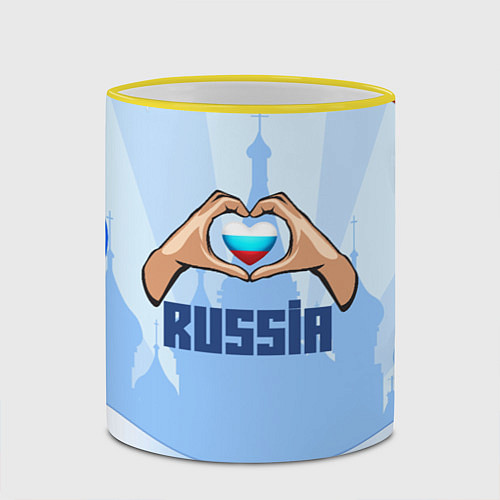 Кружка цветная Люблю Россию - сердечко руками / 3D-Желтый кант – фото 2
