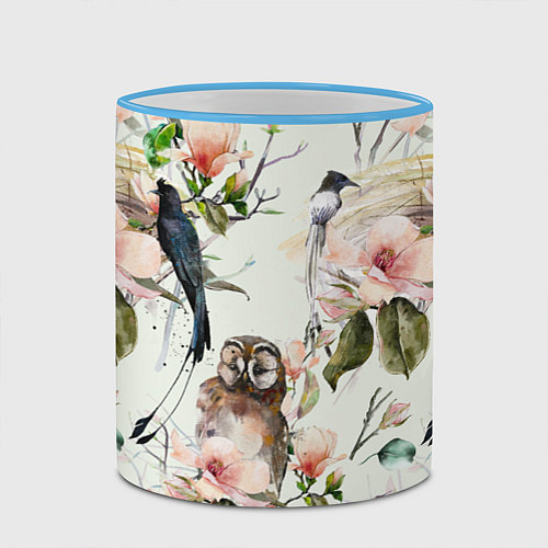 Кружка цветная Цветы Нарисованные Магнолии и Птицы / 3D-Небесно-голубой кант – фото 2