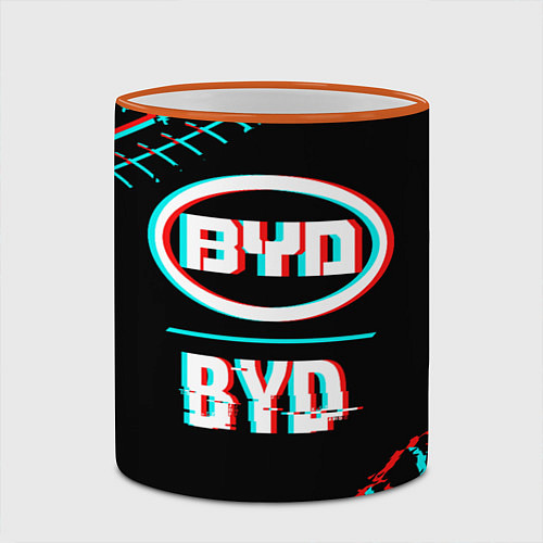 Кружка цветная Значок BYD в стиле glitch на темном фоне / 3D-Оранжевый кант – фото 2