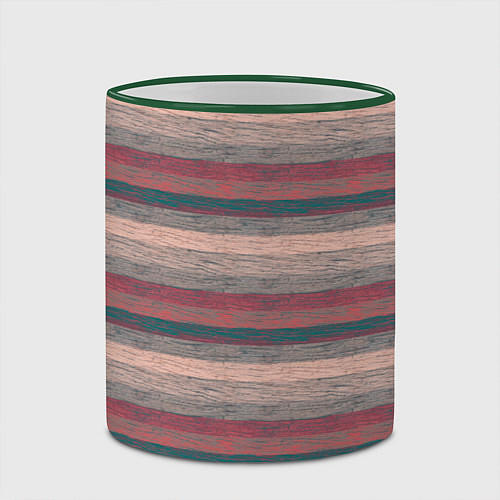 Кружка цветная Серые, бежевые, красные полосы с текстурой дерева / 3D-Зеленый кант – фото 2
