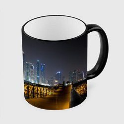 Кружка 3D Неоновый ночной город и мост, цвет: 3D-черный кант
