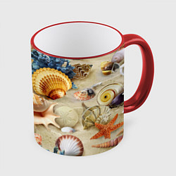 Кружка 3D Морские раковины, кораллы, морские звёзды на песке, цвет: 3D-красный кант