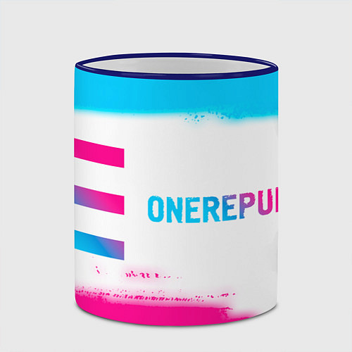 Кружка цветная OneRepublic neon gradient style: надпись и символ / 3D-Синий кант – фото 2