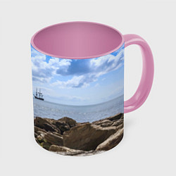 Кружка 3D Парусник на горизонте океана, цвет: 3D-белый + розовый