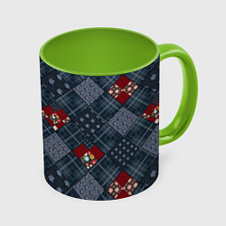 Кружка 3D Red and blue denim patchwork, цвет: 3D-белый + светло-зеленый