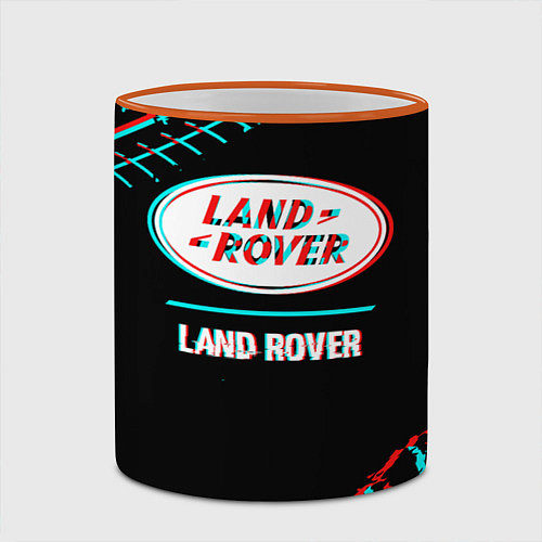 Кружка цветная Значок Land Rover в стиле glitch на темном фоне / 3D-Оранжевый кант – фото 2