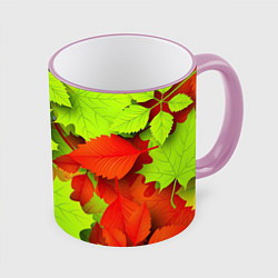 Кружка 3D Зелёные осенние листья, цвет: 3D-розовый кант