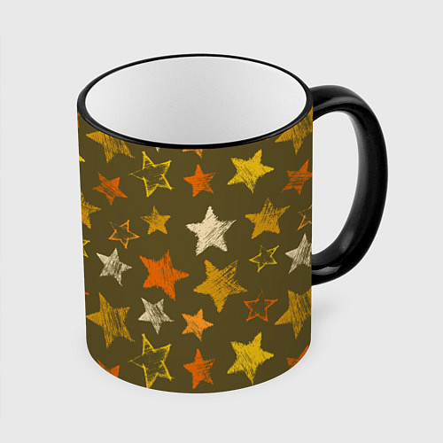 Кружка цветная Желто-оранжевые звезды на зелнгом фоне / 3D-Черный кант – фото 1