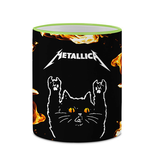 Кружка цветная Metallica рок кот и огонь / 3D-Светло-зеленый кант – фото 2