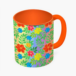 Кружка 3D Яркий цветочный узор на радужном фоне, цвет: 3D-белый + оранжевый