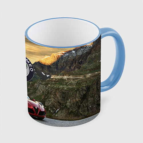Кружка цветная Альфа - Ромео на горной дороге / 3D-Небесно-голубой кант – фото 1