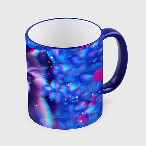 Кружка цветная Волшебный енот в цветах / 3D-Синий кант – фото 1