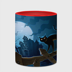 Кружка 3D Хэллоуин - чёрный кот на заборе, цвет: 3D-белый + красный — фото 2
