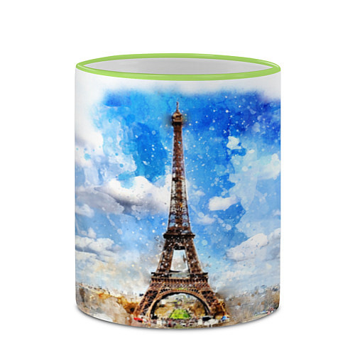 Кружка цветная Париж Эйфелева башня рисунок / 3D-Светло-зеленый кант – фото 2