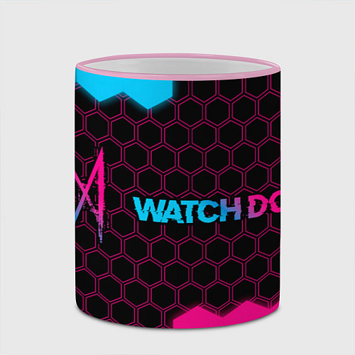 Кружка цветная Watch Dogs - neon gradient: надпись и символ / 3D-Розовый кант – фото 2