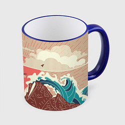Кружка 3D Большие океанские волны и скалистый остров на зака, цвет: 3D-синий кант