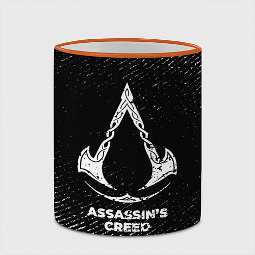 Кружка цветная Assassins Creed с потертостями на темном фоне / 3D-Оранжевый кант – фото 2
