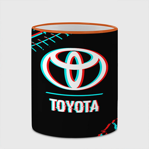 Кружка цветная Значок Toyota в стиле glitch на темном фоне / 3D-Оранжевый кант – фото 2