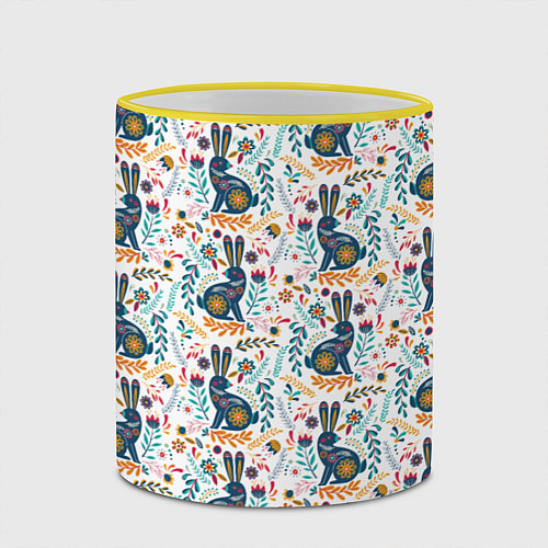 Кружка цветная Новогодний паттерн - Кролики и веточки / 3D-Желтый кант – фото 2