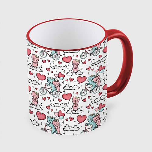 Кружка цветная Влюблённые кот и кошка на велосипеде / 3D-Красный кант – фото 1