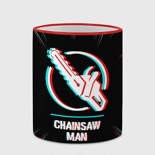 Кружка цветная Символ Chainsaw Man в стиле glitch на темном фоне / 3D-Красный кант – фото 2