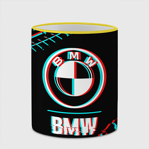 Кружка цветная Значок BMW в стиле glitch на темном фоне / 3D-Желтый кант – фото 2