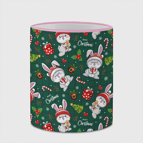 Кружка цветная Новогодние кролики - паттерн / 3D-Розовый кант – фото 2