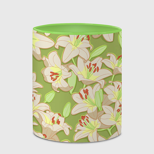Кружка цветная Нежные цветы - лилии: цветной паттерн / 3D-Белый + светло-зеленый – фото 2