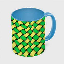 Кружка 3D Жёлто-зелёная плетёнка - оптическая иллюзия, цвет: 3D-белый + небесно-голубой