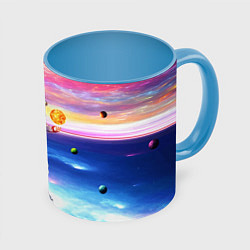 Кружка 3D Космонавт среди планет в виртуальной вселенной, цвет: 3D-белый + небесно-голубой