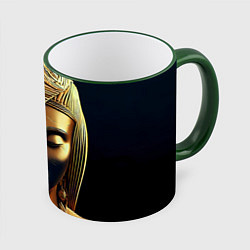 Кружка 3D Нейросеть - золотая статуя египетской царицы, цвет: 3D-зеленый кант