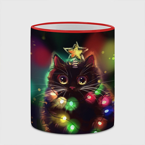 Кружка цветная Новогодний котик с гирляндой / 3D-Красный кант – фото 2