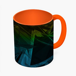 Кружка 3D Черный абстрактный узор на сине-зеленом фоне, цвет: 3D-белый + оранжевый