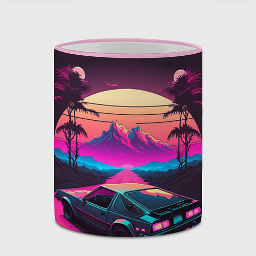 Кружка цветная Synthwave car and mountains / 3D-Розовый кант – фото 2