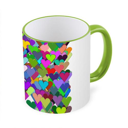 Кружка цветная Орнамент из разноцветных сердечек - валентинка / 3D-Светло-зеленый кант – фото 1