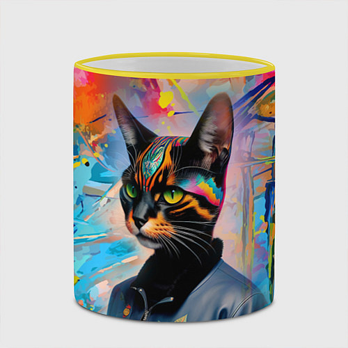 Кружка цветная Кошечка следящая за модой - нейросеть / 3D-Желтый кант – фото 2