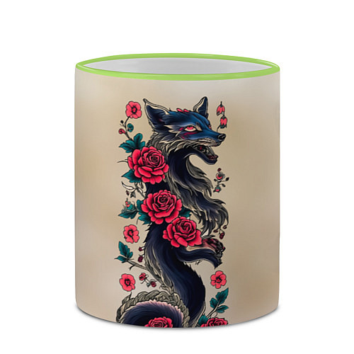 Кружка цветная Irezumi - татуировка лиса в розах / 3D-Светло-зеленый кант – фото 2