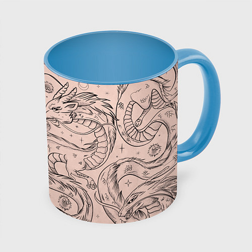 Кружка цветная Дракон - унесенные призраками: тату на бежевом / 3D-Белый + небесно-голубой – фото 1