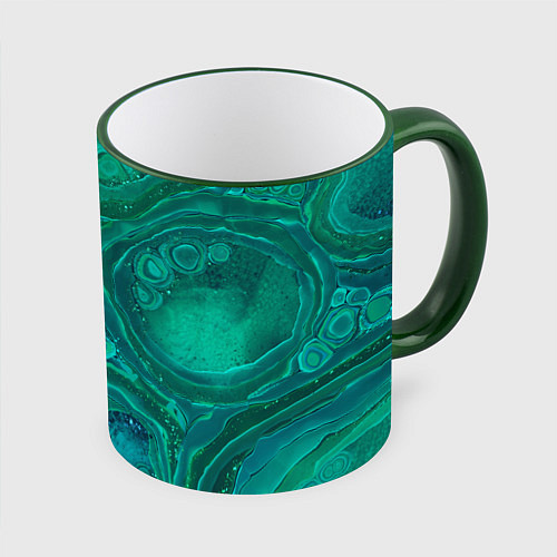 Кружка цветная Абстракция, сине-зеленая текстура малахита / 3D-Зеленый кант – фото 1