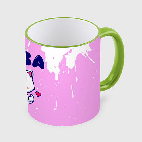 Кружка цветная Лиза кошечка с сердечком / 3D-Светло-зеленый кант – фото 1