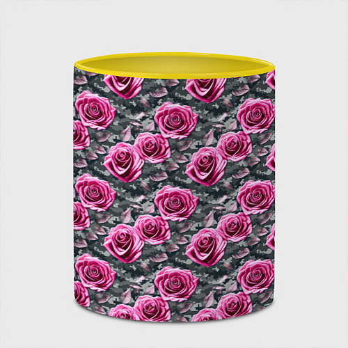 Кружка цветная Розовые розы с цифровым камуфляжем / 3D-Белый + желтый – фото 2