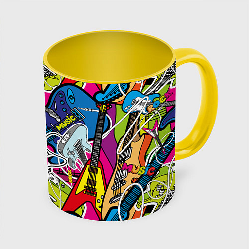 Кружка цветная Guitars - pop art pattern / 3D-Белый + желтый – фото 1