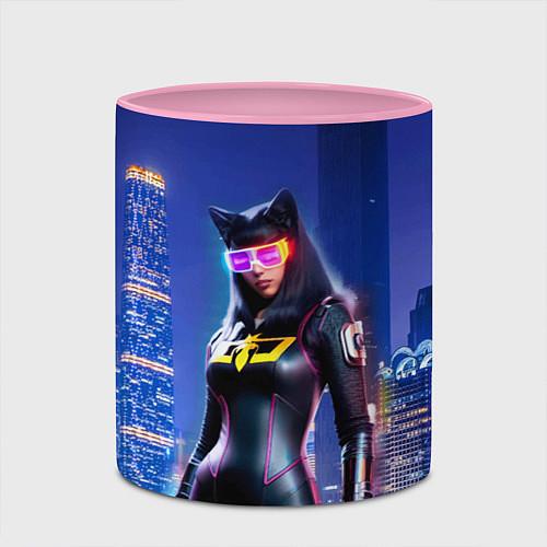 Кружка цветная Cat girl on the background of a megalopolis / 3D-Белый + розовый – фото 2