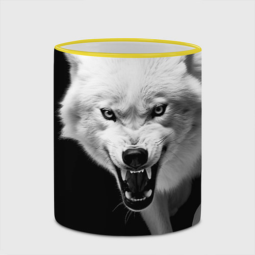 Кружка цветная Агрессивный белый волк / 3D-Желтый кант – фото 2