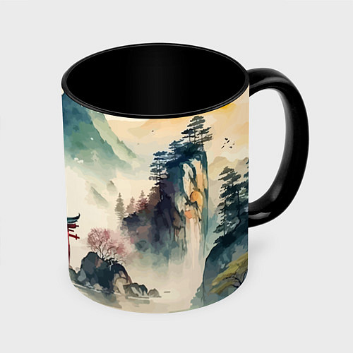 Кружка цветная Японский пейзаж - акварель / 3D-Белый + черный – фото 1